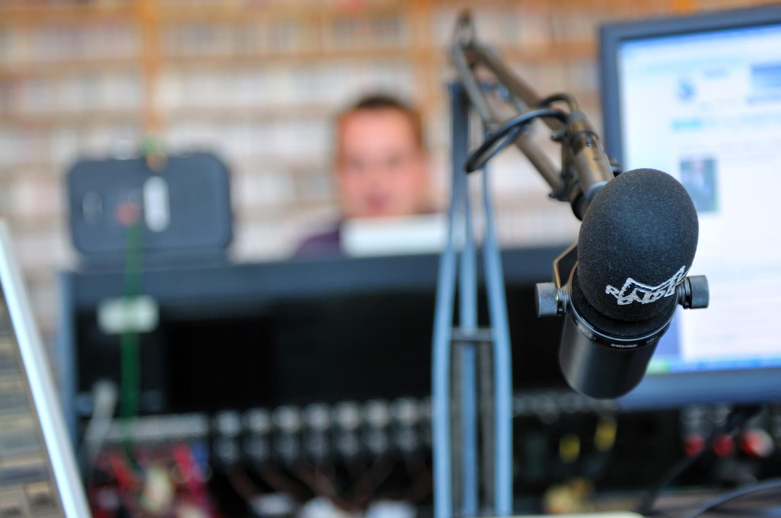 A radio-style microphone set up for a Fiddlehead Press interview.